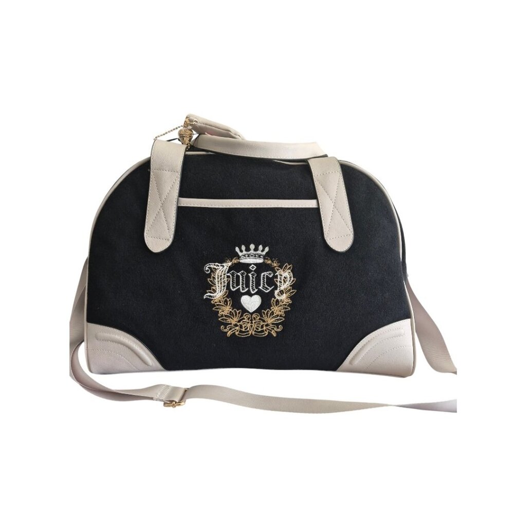 Juicy Couture NWT Black Cream Velour Duffle Bag Weekender Travel Tote